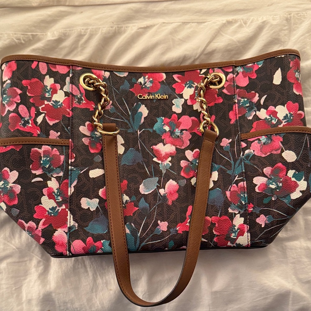 Calvin Klein Brown Floral Tote with Pink and Teal Accents